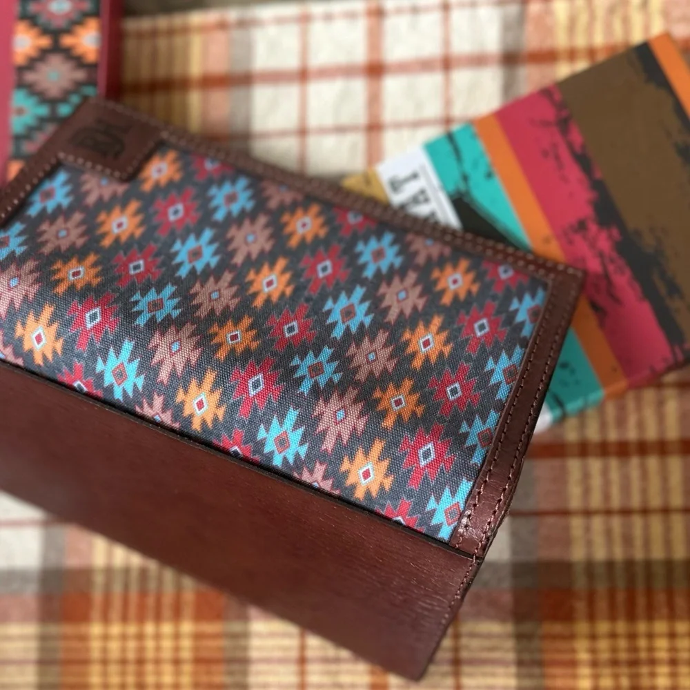 New Red Dirt Western Wallet Mens Rodeo Leather Southwestern Canvas Inlay Aztec